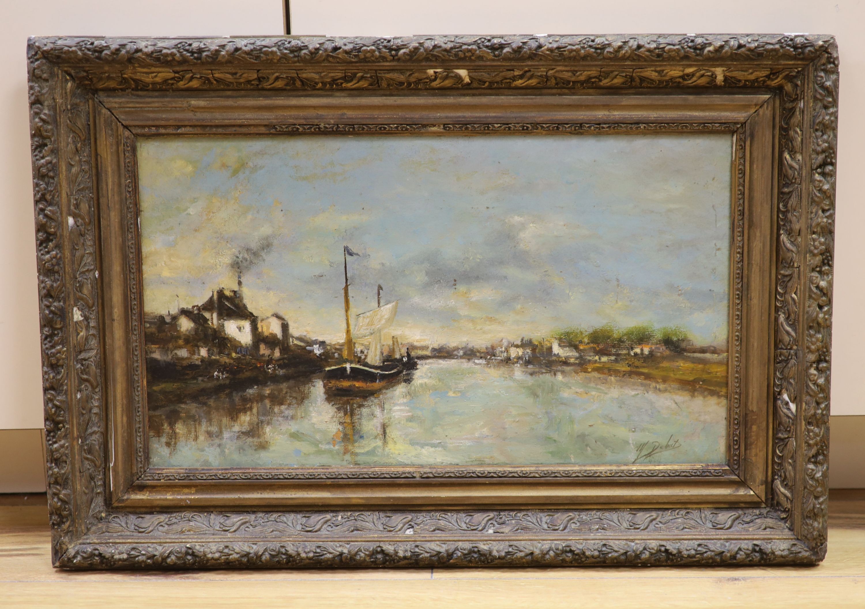 Marcel Debut (1865-1933) French. Boats on a river, oil on board, signed, 10.75